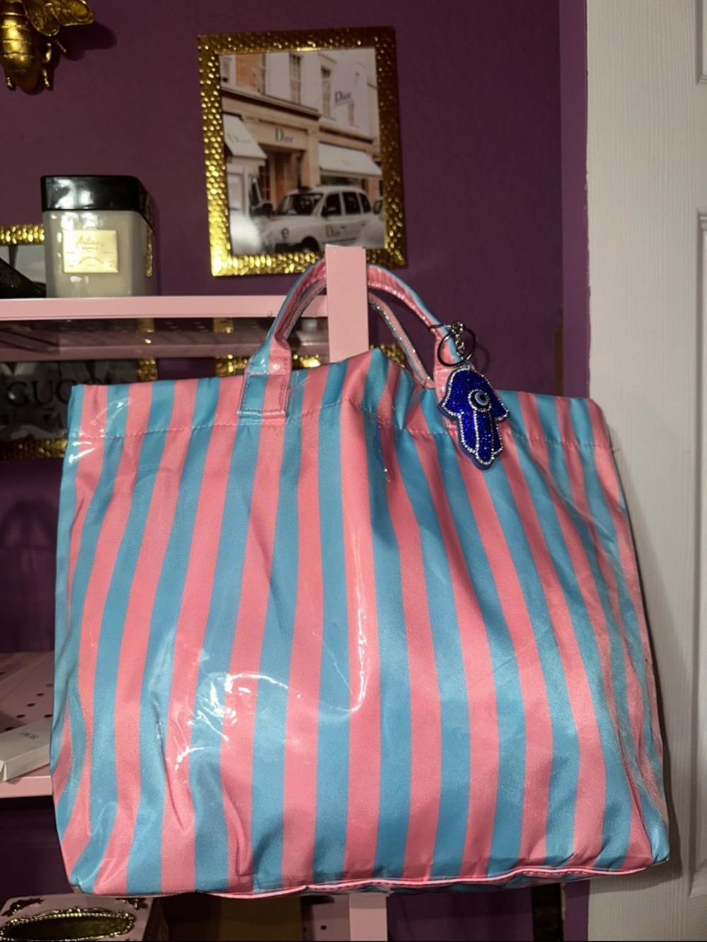 Pink and Blue Striped Tote Bag with Charm